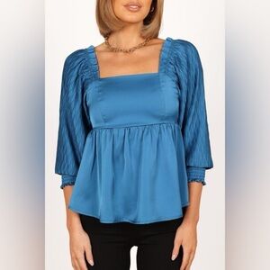 NWT Petal & Pup Montana Satin Babydoll Blue Top Long Sleeves Sz Large